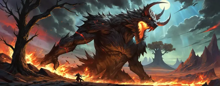 by Julie Bell and Boris Vallejo, A lone tree in the Badlands, its bark like fire in the light of the setting sun. Its branches stretch towards the sky, a solitary sentinel in a land of extremes, its leaves tinted with the day's last red light. world in the style of the decaying empire of Würstreich, dark magic and grotesque creatures abound, inspired by Sean Aaberg's punk aesthetic, dark fantasy world combines grim landscapes with vibrant, colorful art, heroes skirmish monstrous foes in a setting where rebellion, decay, and mysticism intertwine, crafting a unique, immersive vibe, hyper detailed, professional poster art, bold lines, award winning, trending on ArtStation , (intricate details, masterpiece, best quality:1.4), looking at viewer, dynamic pose, in the style of nicola samori, (Use Dream Diffusion Secret Prompt)