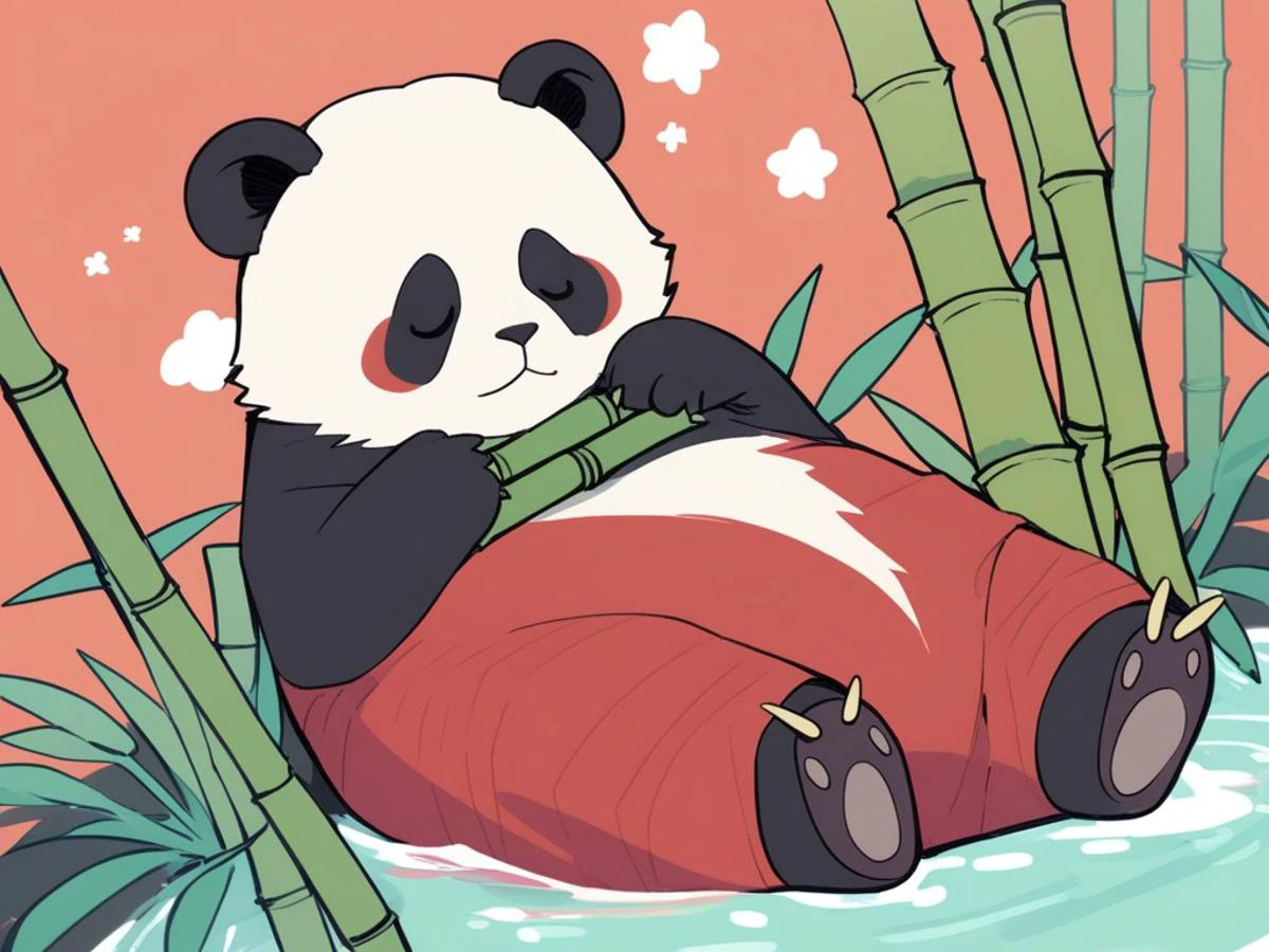 (detailed features, flat color:1.2), (lineart, flat-pasto:0.3),The red giant panda holds its bamboo and falls asleep on the water, best quality,
