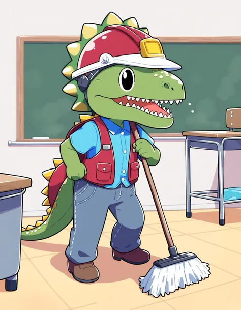 1other, dinosaur-head engineer, dinosaur head, cleaning classroom with a mop