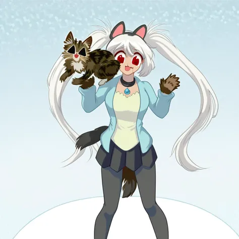 light blue hexagonal pattern background, standing directly infront of white background, raised hands in playful pose, holding playful cat, flowing hair.