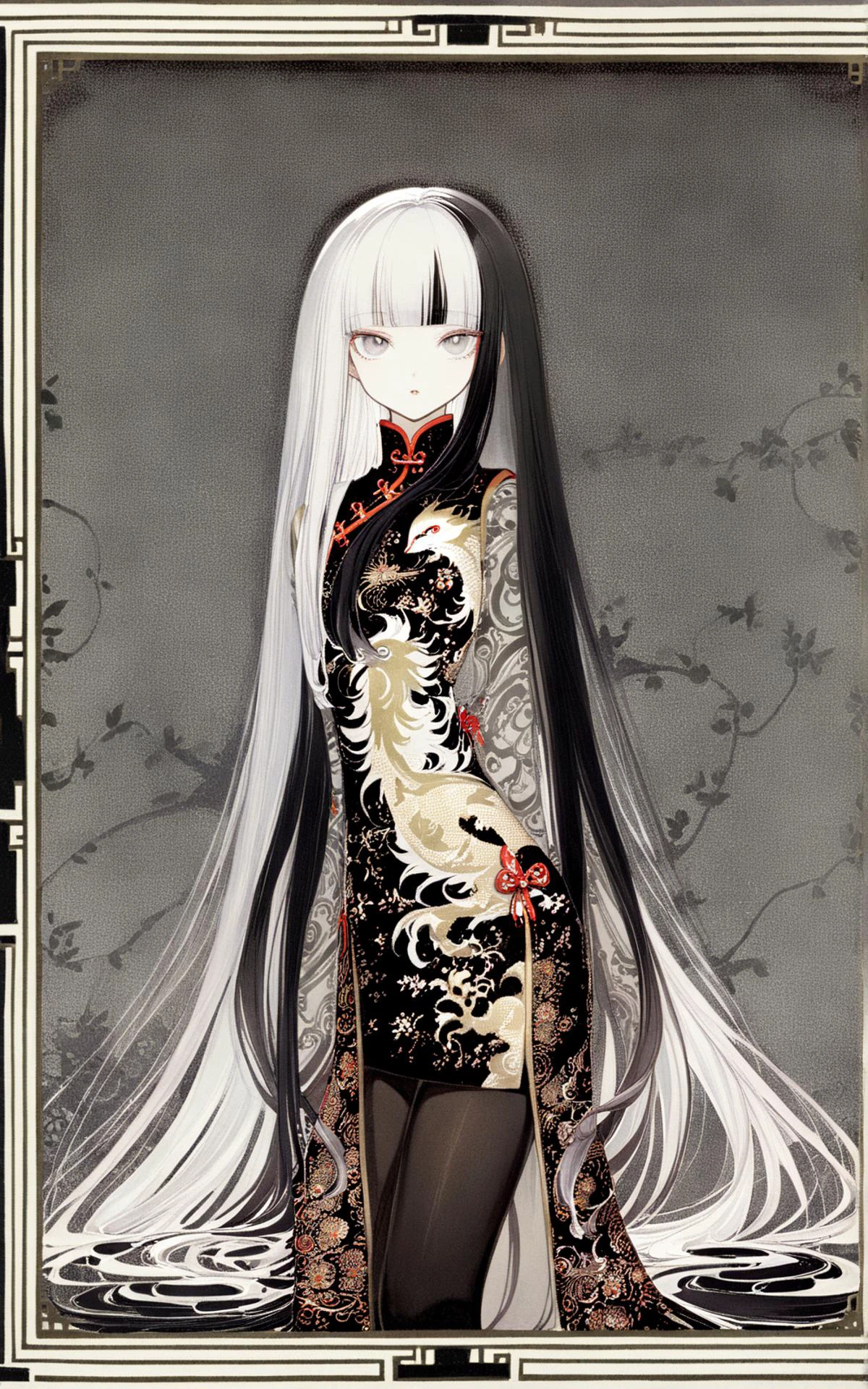 masterpiece, best quality,1girl, solo, long hair, split-color_hair, white_hair, black_hair, grey eyes, dress, looking at viewer, parted lips, bangs, china dress, very long hair, white background, white eyes, blurry, black_pantyhose, Border, color, illustration, Kay Nielsen, upper_body,