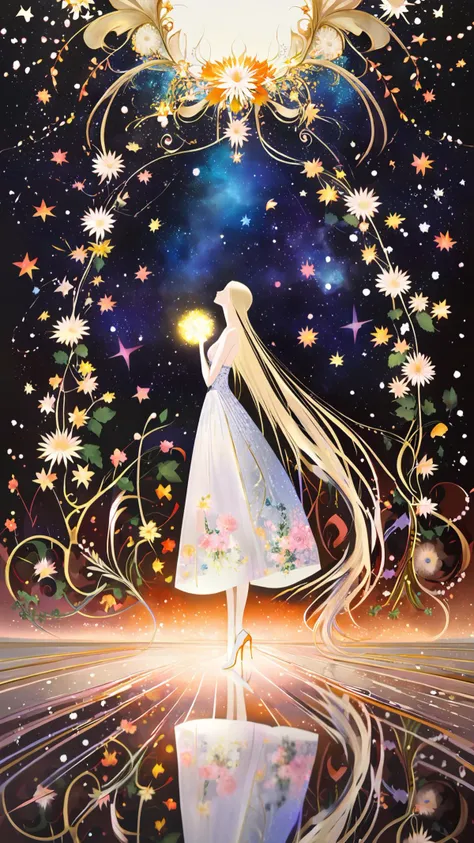 ,floral border, color, illustration, Kay Nielsen, ,
1girl, glowing, abstract, flower, leaf, vines, floral work, abstract, simplicity, light from up, reflecting floor, floral print, white, pose, contrapposto, stars, nebula, moon<lora:Kay_Nielsen_Style:1>