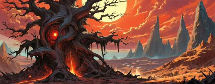 by Julie Bell and Boris Vallejo, A lone tree in the Badlands, its bark like fire in the light of the setting sun. Its branches stretch towards the sky, a solitary sentinel in a land of extremes, its leaves tinted with the day's last red light. world in the style of the decaying empire of Würstreich, dark magic and grotesque creatures abound, inspired by Sean Aaberg's punk aesthetic, dark fantasy world combines grim landscapes with vibrant, colorful art, heroes skirmish monstrous foes in a setting where rebellion, decay, and mysticism intertwine, crafting a unique, immersive vibe, hyper detailed, professional poster art, bold lines, award winning, trending on ArtStation , (intricate details, masterpiece, best quality:1.4), looking at viewer, dynamic pose, in the style of nicola samori, (Use Dream Diffusion Secret Prompt)