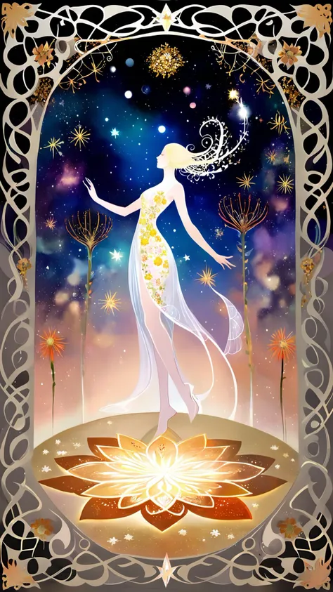 ,floral border, color, illustration, Kay Nielsen, ,
1girl, glowing, abstract, flower, leaf, vines, floral work, abstract, simplicity, light from up, reflecting floor, floral print, white, pose, contrapposto, stars, nebula, moon<lora:Kay_Nielsen_Style:1>