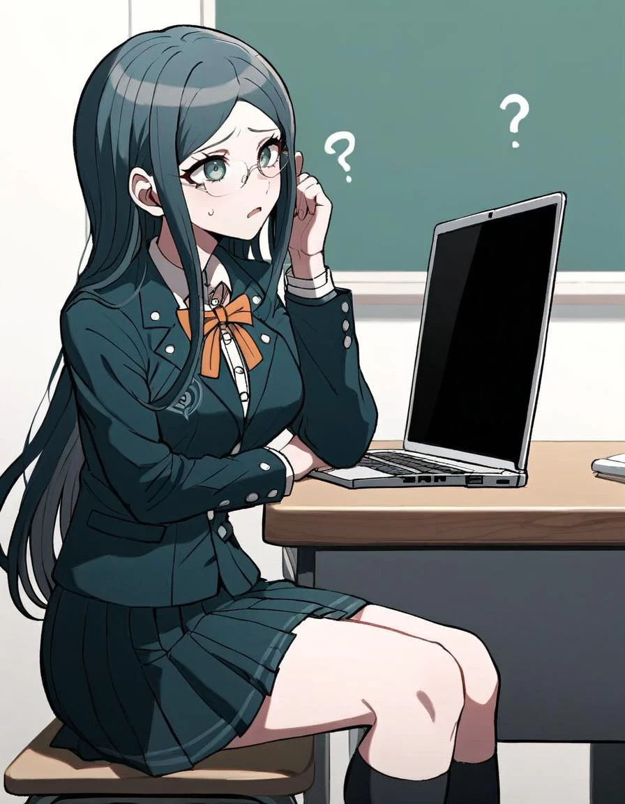 <lora:Pony_DetailV2.0:1>, masterpiece, best quality, very aesthetic, detailed background, absurdres, newest, newest anime, anime art style, detailed background, art by Rui Komatsuzaki, artist: Rui Komatsuzaki, danganronpoa, <lora:Tsumugi_Shirogane_SDXL:1>, This anime screencap is from Danganronpa the Animation. (adult woman), loose hair, knee-length hair, dark teal-blue hair, (((hair parted in the center))), ((middle part in hair)), (((teal-black school blazer))), (((buttons on each lapel))), ((((mid-length skirt)))), (((knee-length skirt))), (teal-black skirt), pleated skirt, ((teal-green eyes)), Tsumugi Shirogane wearing her uniform from Danganronpa V3. Tsumugi Shirogane has knee-length dark teal-blue hair parted in the center which is straight and smooth at the base and gradually splits into waves near the tips. Her eyes are large, round, and are a soft teal-green color. Tsumugi wears round, rimless glasses with white temples. Tsumugi's Danganronpa V3 school uniform consists of a white blouse with an orange bow tied at her collar underneath a two-button, pocketed, teal-black school blazer adorned with two silver buttons on each lapel and a single button on each gorge. She wears a knee-length teal-black pleated skirt with two dark teal stripes lining the hem. Her legwear consists of dark navy knee-length socks and teal-gray loafers. Tsumugi Shirogane sits in front of a laptop computer on a wooden desk. Her elbow rests on the table and she holds her head with her hand, she is frustrated, her cheeks are flushed red, she has a worried expression on her face, and question marks float in the air around her head, the laptop is open and has a bright white screen with some very light grey text on it, the laptop is facing forward and in front of her, the desk is covered in a light brown wood laminate and it is textured, there is a dark grey power cord connected to the laptop. The image has a bright white background and there is natural light coming in from the right side of the image. The desk is in front of a dark green chalkboard on a white wall. The laptop is slightly angled forward, almost as if it is about to fall off the desk. She's sitting in a slightly hunched position, as if she is tired and exhausted.