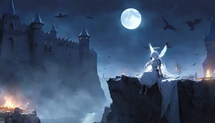 1girl, full moon, moonlight shadow, cinematic lighting, battle field, fighting armies, castle, warriors around, waving, looking at viewer, Heterochromatic pupil, sitting on a cliff, very dark, epic scene, inferno, cowboy shot, depressed, angel wings, solo, white long hair, wings bangs, beautiful color, amazing quality,