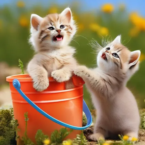 r4alc4ts kittens, playful with bucket, adorable, nice scenery, detailed, absolutely outstanding image, <lora:fluffykitten_XL_LoRA:0.85>