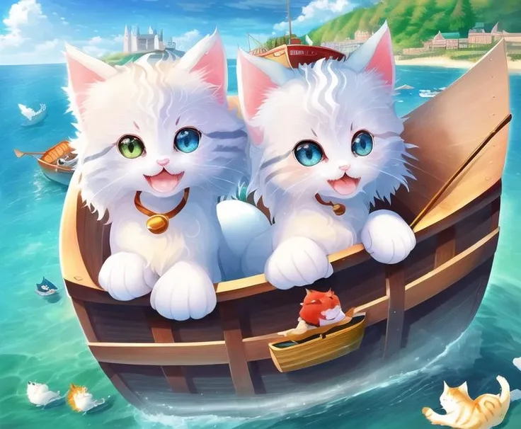 absolutely outstanding image of fyuyK4 kitten, (cartoonish:0.7), in a boat, group. <lora:fluffyCuteKittens_512_v4_LoRA_Complete_B_7030:0.9>, flawless