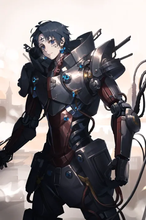 best quality, intricate details,
1boy, <lora:chrolloLucilferHUNTER_v10:0.8> chrollo lucilfer, jewelry, black hair, forehead tattoo,
<lora:cyberdead_v10:0.8> cyberdead, robot, mechanical, gears, cables, steam,