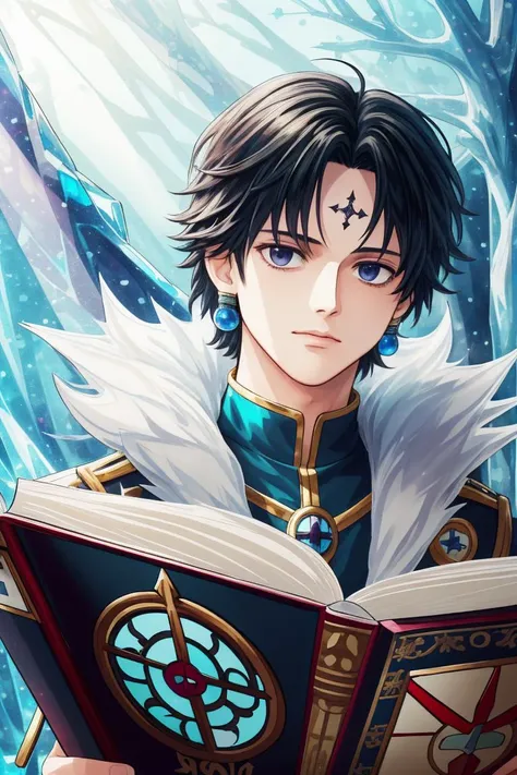 <lora:ANIME_HXH_ChrolloLucilfer_v10:0.8><lora:STYLE_stainedglass_v10:0.9>, chrollo lucilfer, solo, 1boy, male focus, earrings, jacket, fur trim, black eyes, holding book, crystal forest background, stained glass sky, portrait, dappled sunlight, outside <lora:ANIME_STYLE_HandsomeMale25d_v10:0.2><lora:FEATURE_Betterhands_Locon_alpha3:0.2><lora:HDR_EpiNoiseoffset_Pynoise_v2:0.4><lora:STYLE_AbstractDisco:0.25> <lora:STYLE_Crystalline_v10:0.25> crystalline crown, 64K, f1.2, 800mm, UHD, dynamic lighting