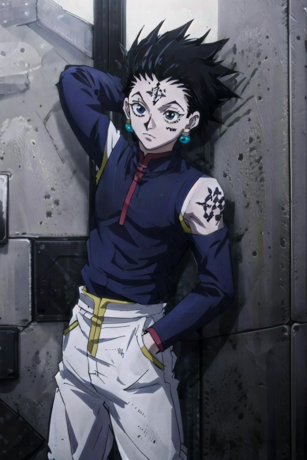 best quality, intricate details,
1boy, <lora:chrolloLucilferHUNTER_v10:0.8> chrollo lucilfer, jewelry, black hair, forehead tattoo,
<lora:hunterXHunterLORAStyle_1:0.8> hxh2011,