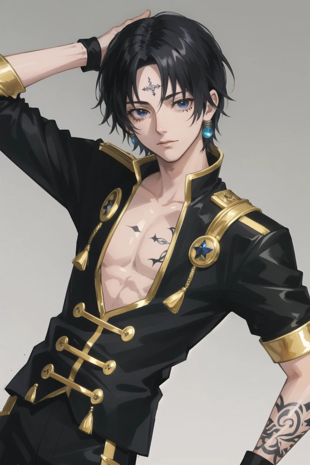 best quality, intricate details,
1boy, <lora:chrolloLucilferHUNTER_v10:0.8> chrollo lucilfer, jewelry, black hair, forehead tattoo,