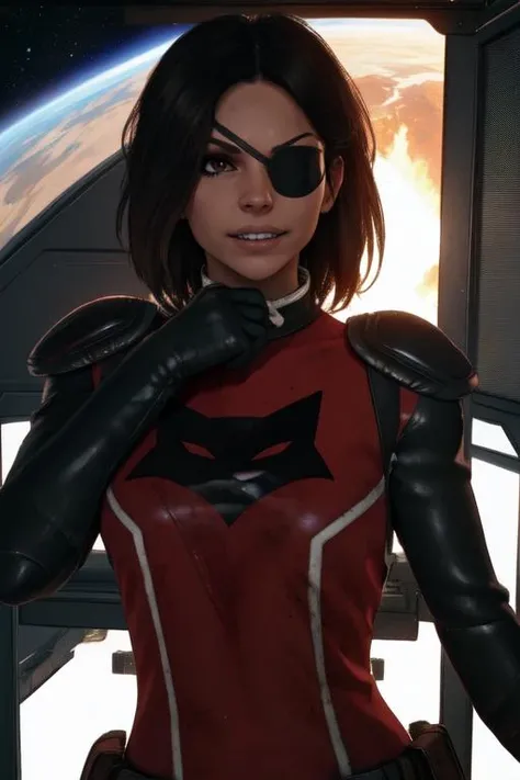 Sarah, eyepatch, brown eye, short black hair, looking to the side, teeth,
shoulder armor, black gloves , red bodysuit, black pants, skin tight,
solo, upper body, smile, pose,
outer space,
(insanely detailed, beautiful detailed face, masterpiece, best quality), <lora:sarahshepard:0.8>