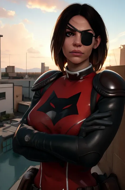 Sarah, eyepatch, brown eye, short black hair, shoulder armor,black gloves , red bodysuit, black pants, utility belt, chest logo, solo,
upper body, rooftop, outside, morning, crossed arms,
(insanely detailed, beautiful detailed face, masterpiece, best quality),
<lora:sarahshepard-10v6:0.8>