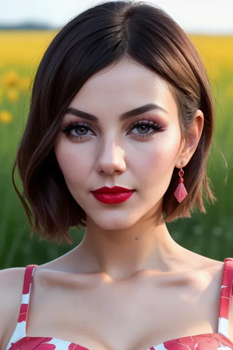 vicjustice, ((red lipstick, blush)), ((detailed face, detailed eyes)),  ,photo of a woman, RAW, close portrait photo, ((beautiful floral print sundress)),((short hair, pixie cut)), (cowboy shot, waist, hips, thighs), ((outdoors, gorgeous meadow, walking)), ((detailed skin, detailed face):1.2), ((detailed eyes, beautiful eyes)), 8k uhd, dslr, soft lighting, high quality, film grain, Fujifilm XT3 sharp focus, f 5.6,((red lipstick, blush)) , slight smile, ((detailed eyes, beautiful eyes, detailed face, beautiful face)),