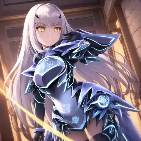 1girl, masterpiece, highest quality, best quality, , highly detailed, best illustration, glowing hair, ray tracing, semi realistic
 <lora:Melusine1:0.8>, 1stascend, armored dress, blue armor, cowboy shot, yellow eyes,gloves