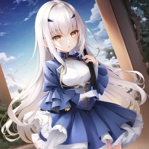 1girl, masterpiece, highest quality, best quality, , highly detailed, best illustration, glowing hair, ray tracing, semi realistic, <lora:Melusine1:1>, 2ndascend, dress, blue dress, yellow eyes