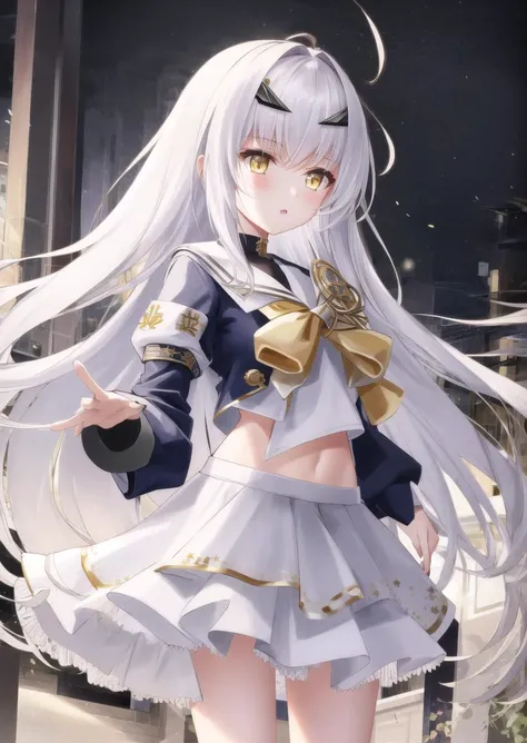 1girl, masterpiece, highest quality, best quality, , highly detailed, best illustration, glowing hair, ray tracing, semi realistic, highres <lora:Melusine1:0.8>, sailor uniform, yellow eyes, white hair, small breast, midriff, skirt
