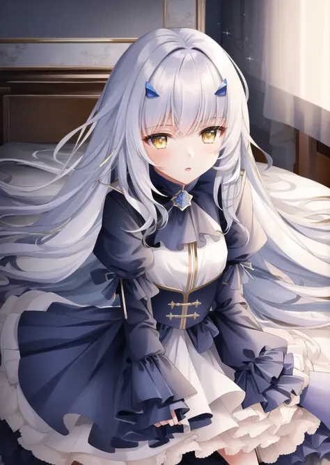 1girl, masterpiece, highest quality, best quality, , highly detailed, best illustration, glowing hair, ray tracing, semi realistic, highres <lora:Melusine1:0.8>, 2ndascend, dress, yellow eyes, blue dress, gloves, lying on bed, indoor,