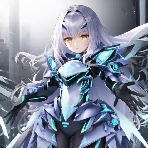 1girl, masterpiece, highest quality, best quality, , highly detailed, best illustration, glowing hair, ray tracing, semi realistic
 <lora:Melusine1:1>, 1stascend, armored dress, blue armor, cowboy shot, yellow eyes,gloves