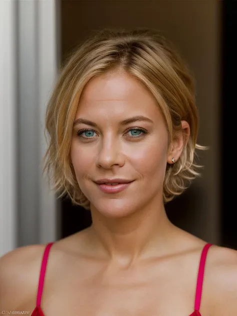 Realistic photo of a beautiful m3gr-v2 woman, 1girl, solo, looking at viewer, smile, short hair, blue eyes, blonde hair, simple background, white background, bare shoulders, upper body, teeth, lips, red dress, realistic, soft lighting, professional Photography, Photorealistic, detailed, RAW, analog, sharp focus, 8k, HD, high quality, masterpiece<lora:m3gr-v2:1.0>