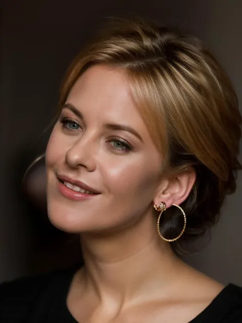 Realistic photo of a beautiful m3gr-v2 woman, 1girl, solo, breasts, looking at viewer, smile, blonde hair, simple background, shirt, white background, upper body, earrings, lips, head tilt, hand on hip, black shirt, realistic, soft lighting, professional Photography, Photorealistic, detailed, RAW, analog, sharp focus, 8k, HD, high quality, masterpiece<lora:m3gr-v2:1.0>