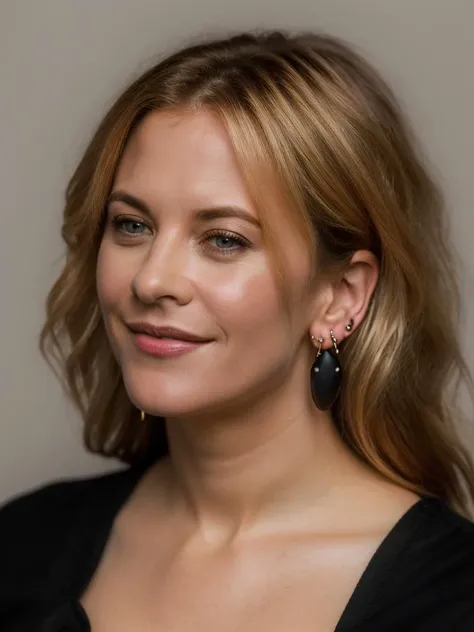 Realistic photo of a beautiful m3gr-v2 woman, 1girl, solo, breasts, looking at viewer, smile, blonde hair, simple background, shirt, white background, upper body, earrings, lips, head tilt, hand on hip, black shirt, realistic, soft lighting, professional Photography, Photorealistic, detailed, RAW, analog, sharp focus, 8k, HD, high quality, masterpiece<lora:m3gr-v2:1.0>