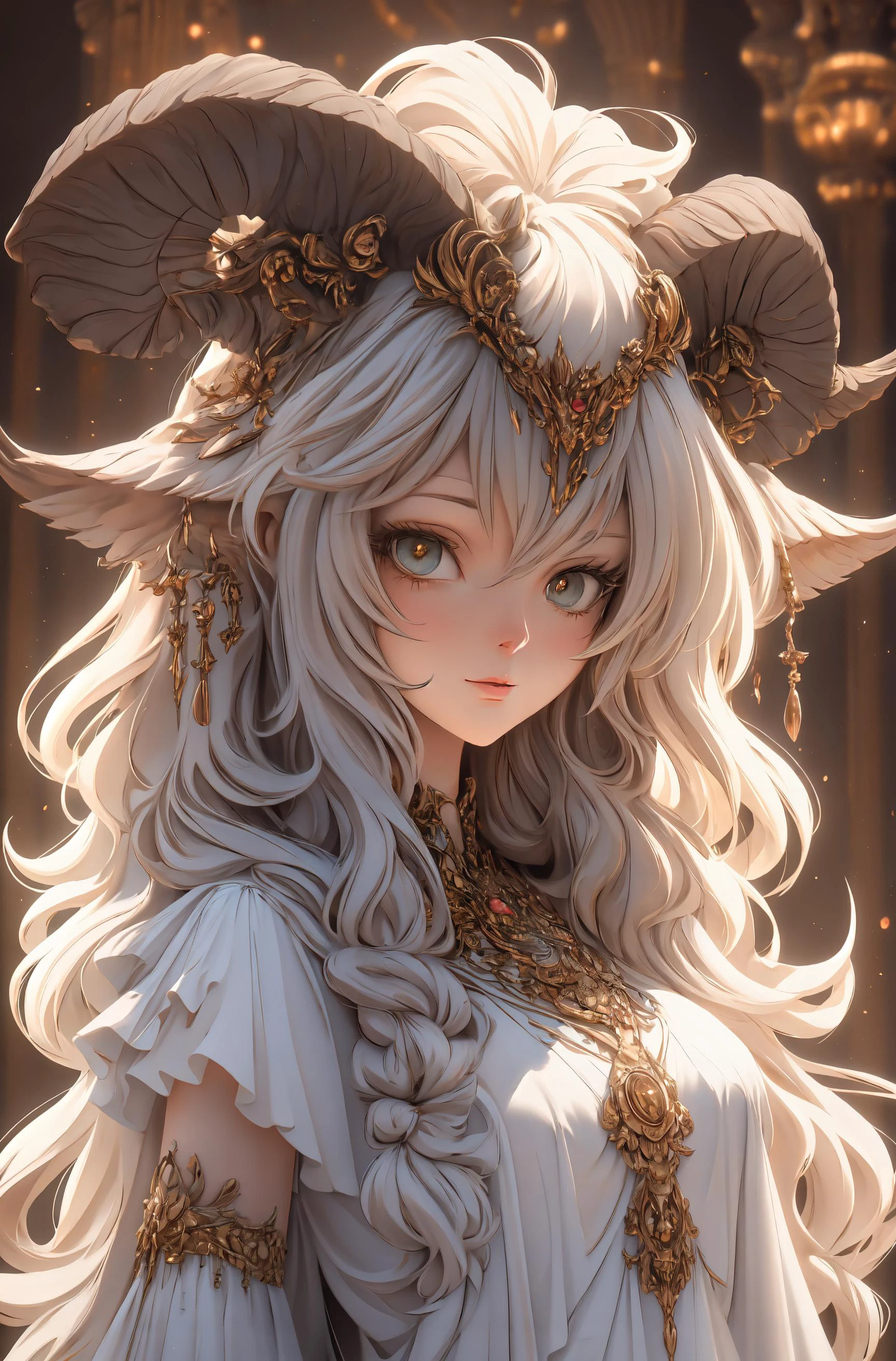 1girl,white hair,long hair,(red eyes),white dress,white long dress,loose dress,accesories,jewelry,golden jewelry,portrait,serious face,beautiful face,expresionless,(half closed eyes), <lora:Fallen_angel:0.7> bj_Devil_angel, <lora:Messy:0.7> Messy_art