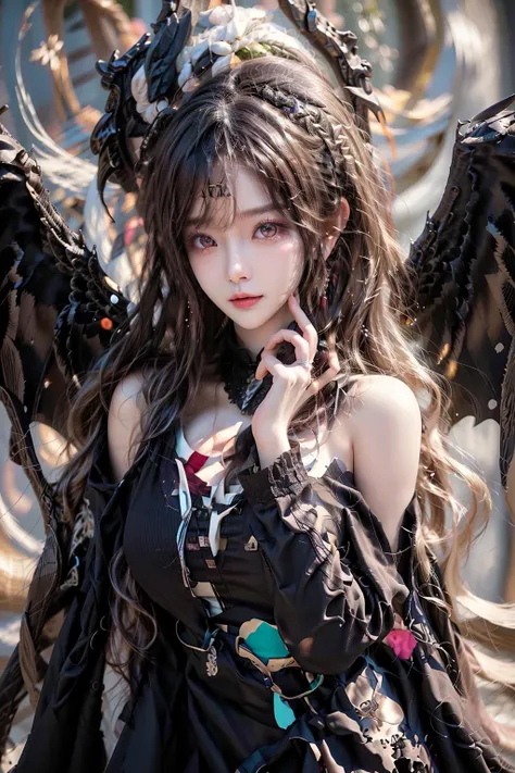 (Absurdres:1.2), beautiful and aesthetic, masterpiece, best quality, extremely detailed,Nikon AF-S Nikkor 85mm f/1.4G lens,
photo realistic:1.4 , delicate pattern, (intricate detail,extremely intricate:1.2),70mm telephoto lens,
(masterpiece:1.2, best quality), (highly detailed:1.3), realistic, realistic details, detailed, <lora:more_details:0.6>,
------
<lora:tiaraaurellie_v3:0.3>, <lora:GirlfriendMix_v1_v20:0.4> <lora:yurisa chan_20230623045200:0.2> 
(pureerosface_v1:0.5) , (ulzzang-6500-v1.1), (idol),
<lora:fitgirl_v10:0.6>, fit,  narrow waist,
(detailed clothes features),Exquisite Makeup, Realistic Skin, beautiful detailed eyes, symmetric eyes,
------
bj_Devil_angel,1girl,solo,long hair,large  breasts,looking at viewer,smile,dress,bare_shoulders,jewelry, white hair, earrings, detached sleeves,wings,hand up,pink eyes,lips,wavy hair,ring, cinematic lighting,strong contrast,White background <lora:Devil_angel:0.7> cowboy shot, wide shot:1.6,