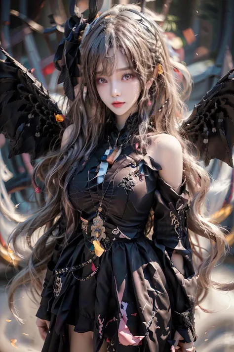 (Absurdres:1.2), beautiful and aesthetic, masterpiece, best quality, extremely detailed,Nikon AF-S Nikkor 85mm f/1.4G lens,
photo realistic:1.4 , delicate pattern, (intricate detail,extremely intricate:1.2),70mm telephoto lens,
(masterpiece:1.2, best quality), (highly detailed:1.3), realistic, realistic details, detailed, <lora:more_details:0.6>,
------
<lora:tiaraaurellie_v3:0.3>, <lora:GirlfriendMix_v1_v20:0.4> <lora:yurisa chan_20230623045200:0.2> 
(pureerosface_v1:0.5) , (ulzzang-6500-v1.1), (idol),
<lora:fitgirl_v10:0.6>, fit,  narrow waist,
(detailed clothes features),Exquisite Makeup, Realistic Skin, beautiful detailed eyes, symmetric eyes,
------
bj_Devil_angel,1girl,solo,long hair,large  breasts,looking at viewer,smile,dress,bare_shoulders,jewelry, white hair, earrings, detached sleeves,wings,hand up,pink eyes,lips,wavy hair,ring, cinematic lighting,strong contrast,White background <lora:Devil_angel:0.7> cowboy shot, wide shot:1.6,