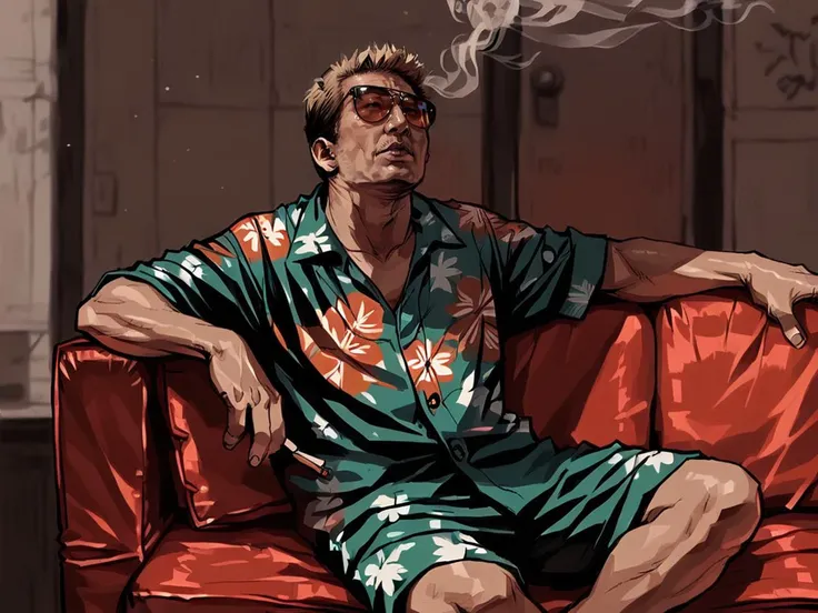 <lora:420time:1>, 1boy, old, asian, blonde hair, short hair, sunglasses, hawaiian shirt, couch, sitting, solo, 420, holding joint, haze, smoke, head up, indoors, <lora:SeungEunKim:0.8>, score_9, score_8_up, score_7_up