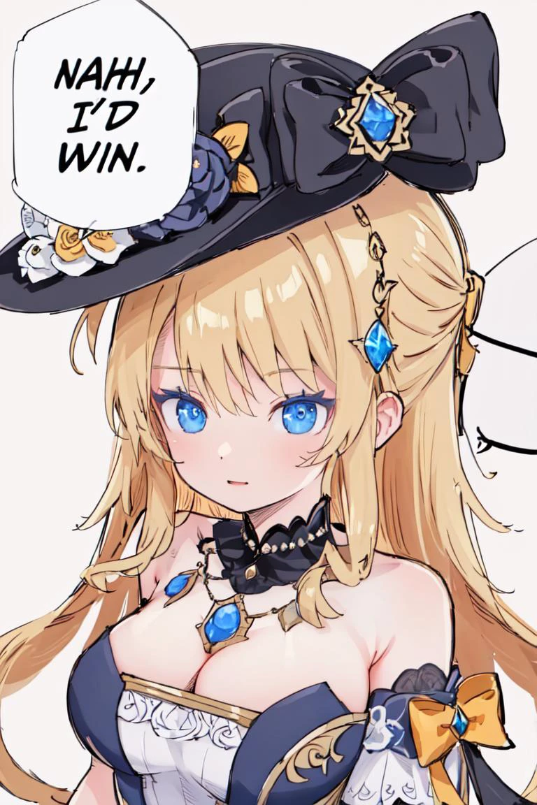 (masterpiece, best quality:1.2),
<lora:concept_nahidwin:1.0>, nahidwin, speech bubble, english text, close-up,
<lora:navia:0.8>, navia, long hair, hat, dress, bare shoulders, black headwear, flower, jewelry, hat flower, cleavage, large breasts, very long hair, dress, <lora:ButtCrack:1.0><lora:ButtCrack:1.0>