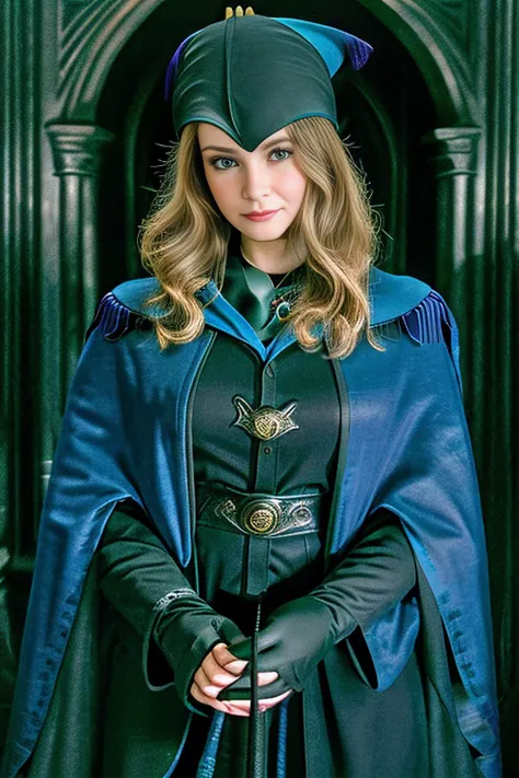 a cinematic still of beautiful 25 year old (4nn4D31v3y woman),as a professor at Hogwarts,wearing a (Ravenclaw magician cloak:1.4),holding up an exquisite carved magic wand,(closeup shot),standing in a long hallway,with gothic stone archways,with stained glass windows,(dramatic pose:1.2),long blonde hair,lipstick,makeup and eyeshadow,(smiling at viewer),sharp focus,detailed eyes,depth of field,(highly detailed),(HDR),(8k wallpaper),intricately detailed,highres,absurdres,hyper realistic,8K UHD DSLR,Fujifilm XT3,taken with (Canon EOS 1Ds camera),extremely intricate,dramatic,4k textures,elegant,(cinematic look),<lora:4nn4D31v3y_17A-000003:1.0>,