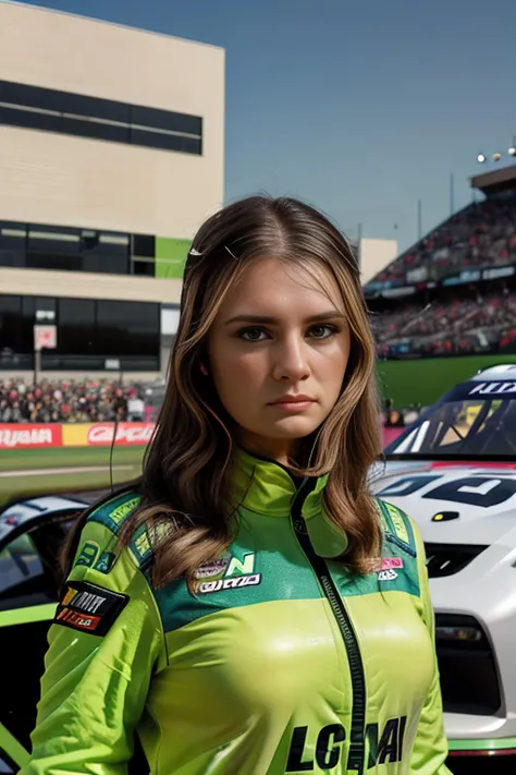 a sports photograph of beautiful 25 year old (4nn4D31v3y woman),as a NASCAR race car driver,wearing a (lime green) racing firesuit,standing next to racing stock car,parked in victory lane,holding championship trophy,speedway in background,(closeup shot),sports magazine photoshoot,sharp focus,detailed eyes,(highly detailed),(HDR),(8k wallpaper),colorful,intricately detailed,highres,absurdres,hyper realistic,8K UHD DSLR,Fujifilm XT3,taken with (Canon EOS 1Ds camera),extremely intricate,dramatic,(looking at viewer),4k textures,hyperdetailed,as seen in (Sports Illustrated),<lora:4nn4D31v3y_17A-000003:1.0>