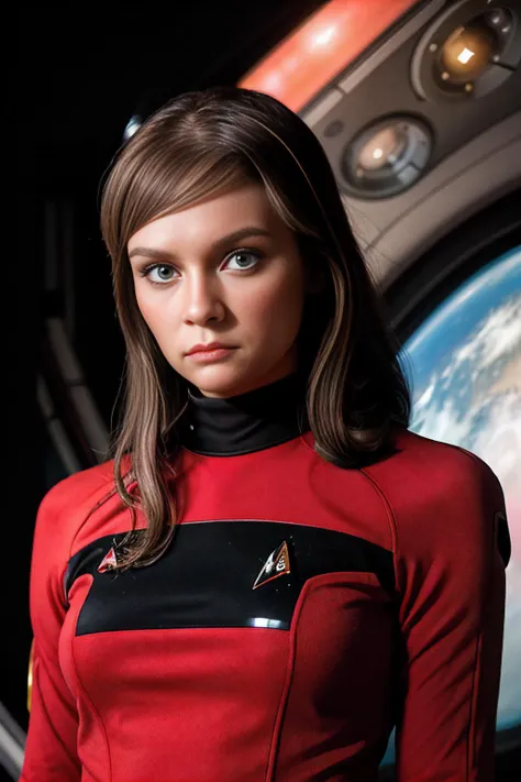 RAW photograph of beautiful of (4nn4D31v3y woman:1) as space captain,wearing red (trekngs1:1.2) Star Trek uniform,standing on command deck of star ship spacecraft looking out into space at a nearby galaxy,posing,upclose portrait,concerned facial expression,muscular,hourglass body,fashionable,detailed,deep photo,raw photo,film grain,professional photo,vintage instagram LUT,black pants,<lora:4nn4D31v3y_17A-000003:0.9>,