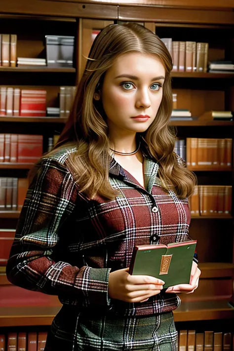 a professional photograph of beautiful 25 year old (4nn4D31v3y woman),as a librarian,wearing a red plaid dress,standing in a (library at Oxford University:1.3),holding an leather bound book,with students studying at (wooden desks:1.2),with (high arched ceiling:1.2),surrounded by rows of tall (bookshelves with ladders:1.3) in background,long blonde hair,lipstick,makeup and eyeshadow,(upper body),(medium closeup shot),face focused,detailed eyes,(highly detailed),(HDR),(8k wallpaper),dim lighting,intricately detailed,low contrast,highres,absurdres,hyper realistic,taken with (Canon EOS 1Ds camera),extremely intricate,dramatic,(looking at viewer),4k textures,hyperdetailed,<lora:4nn4D31v3y_17A-000003:1.0>,