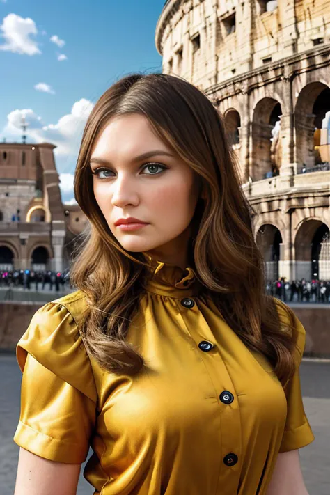 a professional photograph of beautiful (4nn4D31v3y woman),as a beautiful tour guide,wearing a (russet brown) dress,standing in front of the Colliseum in Rome,sunny sky with few clouds,tourist crowds in background,perfect hair,(mahogany red)lipstick,makeup and mascara,(upper body),(medium closeup shot),travel magazine photoshoot,as seen in Conde Nast,sharp focus,detailed eyes,(highly detailed),(HDR),(8k wallpaper),colorful,vivid color,intricately detailed,high contrast,highres,absurdres,hyper realistic,8K UHD DSLR,Fujifilm XT3,taken with (Canon EOS 1Ds camera),extremely intricate,dramatic,(looking at viewer),4k textures,elegant,hyperdetailed,<lora:4nn4D31v3y_17A-000003:0.9>,