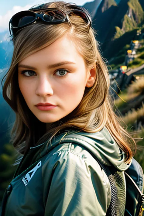 cinematic film still of beautiful 25 year old (4nn4D31v3y woman),as an archeologist adventurer,climbing along a rocky cliff on a mountain,with a jacket and backpack with hiking gear,long blonde hair,lipstick,with machu picchu in the distance,(close up view:1.1),cinematic scene,hero view,(dramatic action pose),(looking at viewer),8k wallpaper,detailed background,masterpiece,best quality,high quality,absurdres,vivid,shallow depth of field,vignette,highly detailed,high budget Hollywood ,depth of field,rule of thirds,cinemascope,moody,epic,gorgeous,film grain,<lora:4nn4D31v3y_17A-000003:1.0>