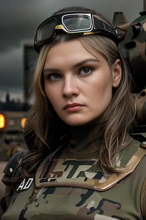 cinematic film still of beautiful 25 year old (4nn4D31v3y woman),as comicbook hero Tank Girl,wearing an (army camoflage uniform:1.1) and helmet,(medium close up shot),standing next to a (armor steampunk tank:1.2),apocalyptic landscape in background,cinematic scene,hero view,(dramatic action pose),8k wallpaper,detailed background,masterpiece,best quality,high quality,absurdres,vivid,shallow depth of field,vignette,highly detailed,high budget Hollywood ,depth of field,rule of thirds,cinemascope,moody,epic,gorgeous,film grain,<lora:4nn4D31v3y_17A-000003:1.0>,