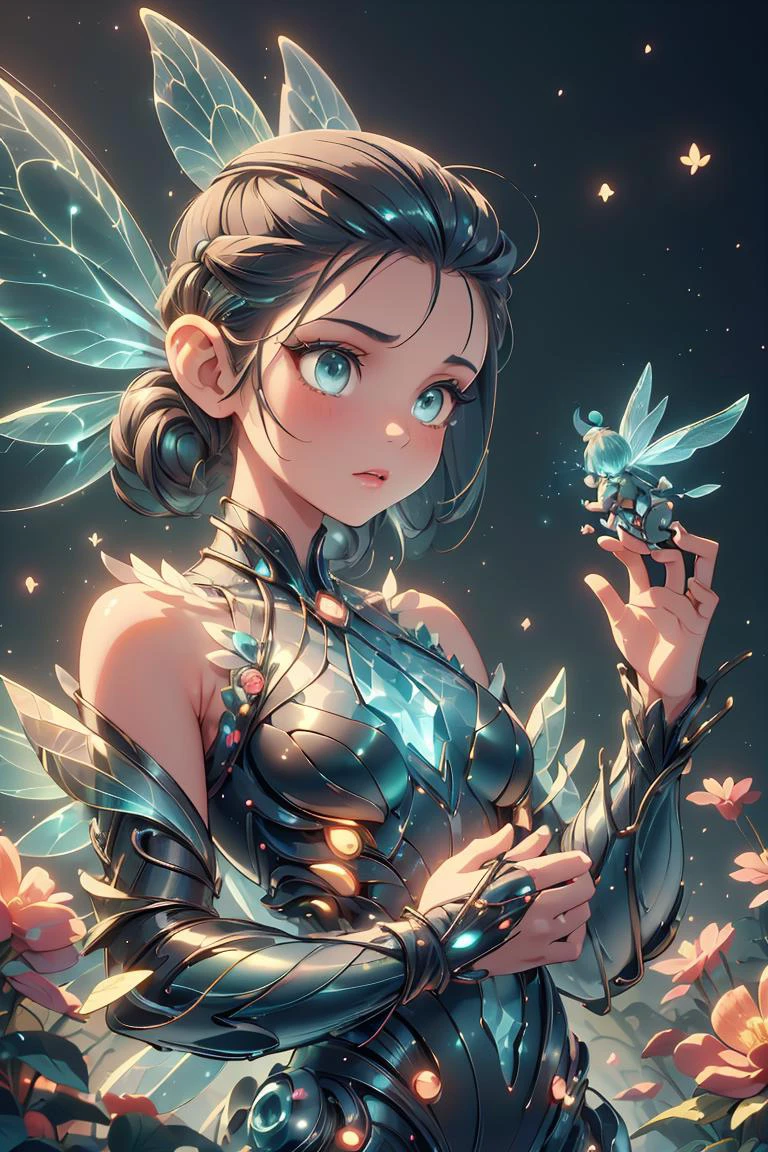 (masterpiece, best quality), 1girl, Charcoal Slicked Back Hair, small breasts, <lora:FaeTech:1> faetech, scifi, pixie dust, iridescent