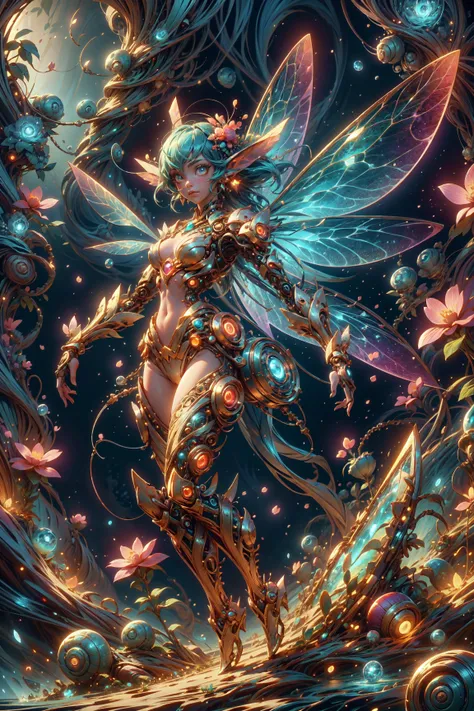 (masterpiece:1.1), (best quality:1.1), (intricate:1.1), (vibrant colors:1.2), BREAK, 
(biopunk:1.0), (scifi:1.0), (ethereal:1.0), (glowing:1.0), (translucent:1.0), BREAK, 
(solo:1.2), (full body:1.0), (dynamic angle:1.0), (fairy:1.1), (mechanical legs:1.0),  (looking at viewer:1.0), (faetech:1.1), (pixie dust:1.0), <lora:Pteridophyte:0.6>, <lora:FaeTech-30:1.0>,