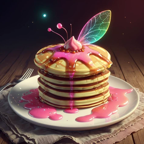 <lora:FaeTech-30:0.7>, faetech ,scifi,  iridescent, 
dessert, sweets,(pink syrup pancake stack:1.2), still life,