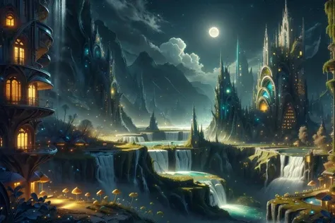 <lora:FaeTech-30:0.8>, faetech ,scifi, pixie dust, iridescent, (dam landscape) , waterfall, epic scenery ,,dark night , eerie night, supernatural ,moon light , skyscrapers,