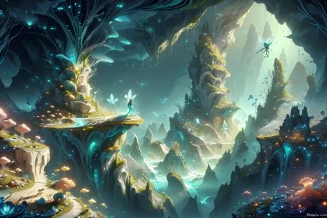 <lora:FaeTech-30:0.8>, faetech ,scifi, pixie dust, iridescent, (cliff landscape) ,epic scenery ,,abyss, deep undergound, very dark, cavern ,