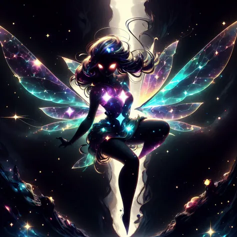 (((This is a dark image))). Generate a dark celestial woman with ((extremely perfect)) eyes and (((pure black galaxy skin))). Her ((onyx black)) but (soft) face should be highly detailed and realistically shaded with puffy lips. Her wings are delicate but stunning, with many small fantasy details. This is a (((masterpiece))). Utilize dynamic composition and expressions to create a cinematic experience. Include glittering and delicate jewelry. The background of the image should be pure back, leaving the woman as the focal point of the image. ((dark celestialskin body, void cosmic body)), ornate, (((dark background))), (((lights off))), (((hollywood dark)))