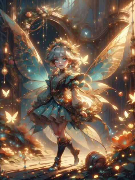 (masterpiece, top quality, best quality, official art, beautiful and aesthetic:1.2),faetech,pixie dust,iridescent,<lora:FaeTech:1>,Disney fairy tale princess,6-8 years old cute appearance,smile,rapunzel,long braids,with a wreath,wearing a pale yellow puffy princess skirt,two hands with skirts,gently tiptoe walking,shy expression,bird butterfly around her.bichu,oil painting,Impressionism chibi,
