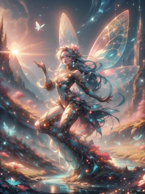 (masterpiece, top quality, best quality, official art, beautiful and aesthetic:1.2),cowboy_shot,faetech,pixie dust,iridescent,<lora:FaeTech:1>,1girl,extreme detailed,colorful,highest detailed,ultra-detailed,Pink gradient to light blue long hair,flowers,full body,charming,smile,day,sun,nature,flower field,river,