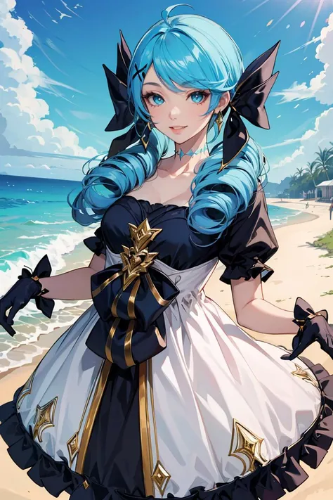 beach,1girl,absurdres,black bow,black gloves,black legwear,blue eyes,blue hair,bow,collarbone,dress,drill hair,frilled dress,frills,gloves,gwen \(league of legends\),hair ornament,highres,league of legends,long hair,parted lips,puffy sleeves,pink pupils,smile,solo,white dress,x,x hair ornament,<lora:gwen-000037:0.8>,