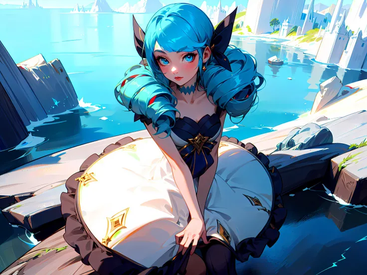 1girl, solo, <lora:gwen-000037:0.8> gwen \(league of legends\), white dress, blue hair, twin drills, detailed dress, beautiful face, sitting on rock, shadow isles, mystical atmosphere, spirits, dark atmosphere, detailed background, cold colors, intricate details, 8k, high quality, best quality, uhd, masterpiece