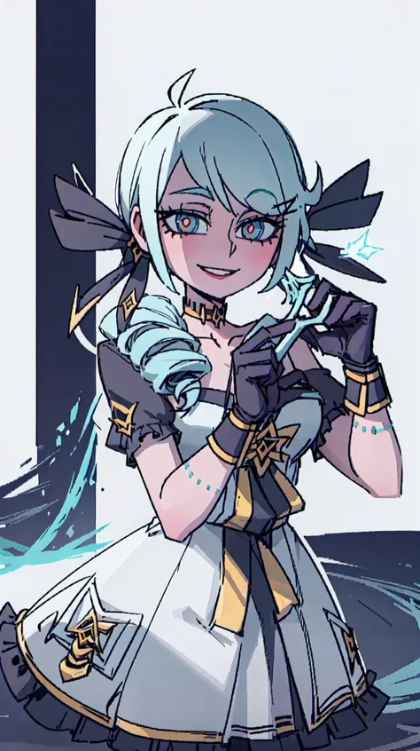 best quality,highly detailed,masterpiece,ultra-detailed,
1girl,blue eyes,1girl, red eyes, (gwen (League of legends):1.5), black bow, black gloves, black legwear, (blue hair:1.4), bow, collarbone, dress, drill hair, frilled dress, frills, hair ornament, highres, gloves, league of legends, long hair, parted lips, puffy sleeves, pink pupils, smile, solo, white dress, x, x hair ornament, holding her blue big scissors, battle posicion
<lora:helltakerLora_10:0.65>, <lora:gwenFromLeagueOf_gwenLolV1:1>